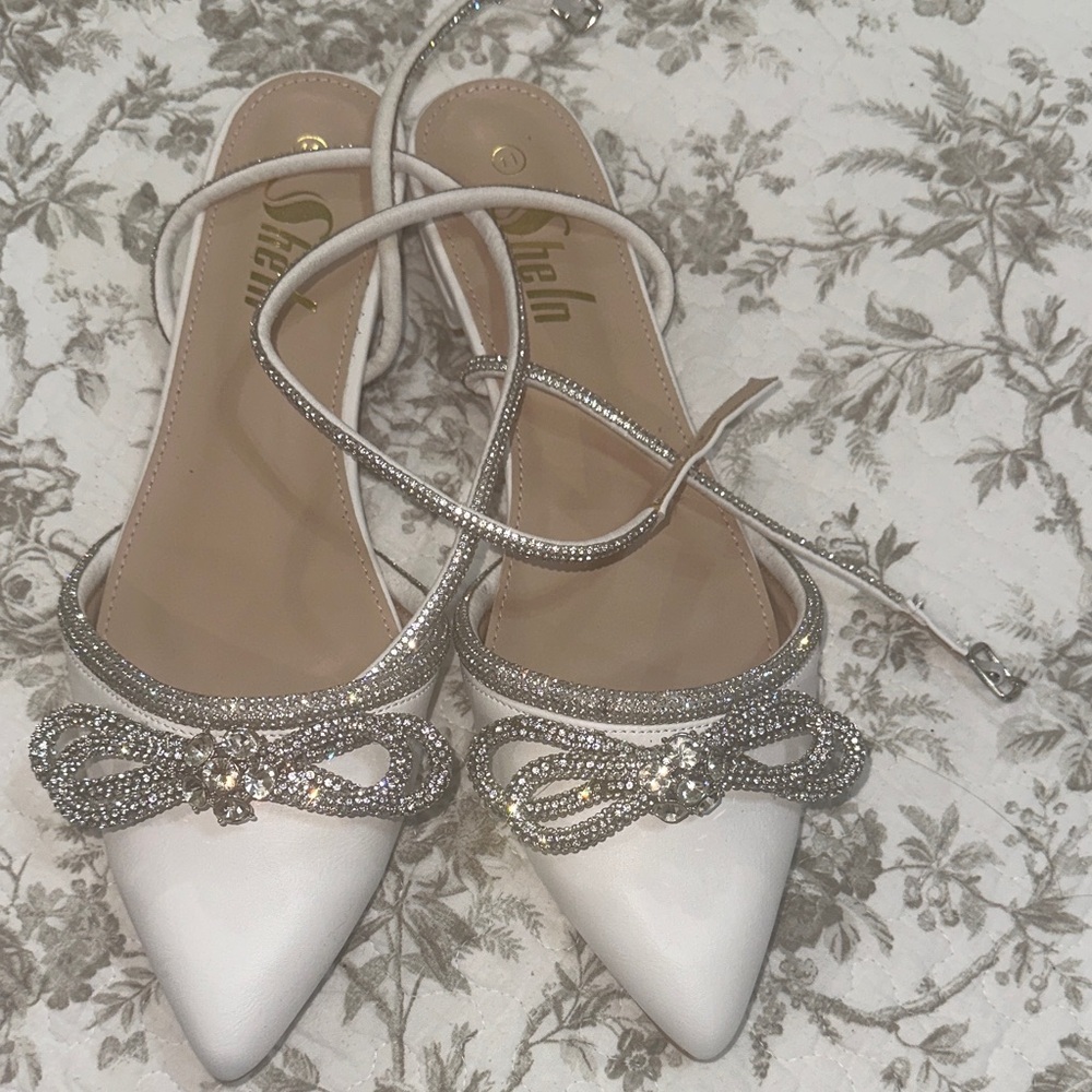 SHEIN White and Silver Heels with Bow Detail
